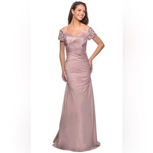 Off the Shoulder Beaded Satin Trumpet Gown
LA FEMME Champagne